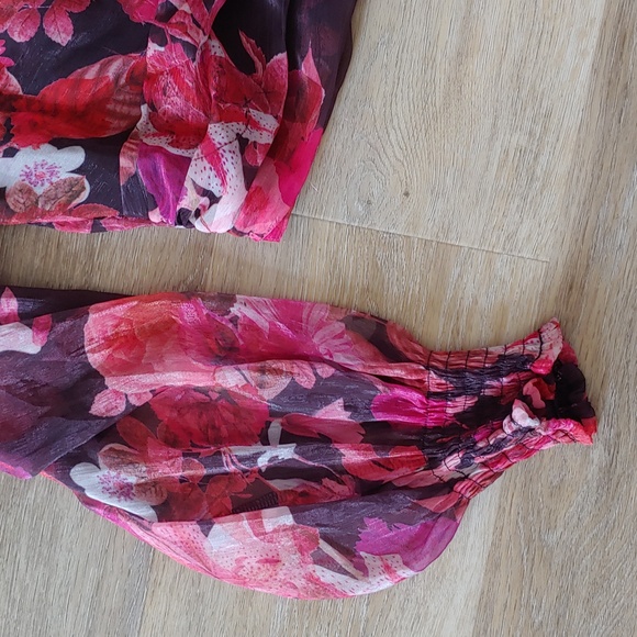 A. Peach Women's Floral Cropped Sheer Puff Sleeve Top Size M - Picture 4 of 9